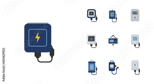 Set of electric charging station icons for sustainable energy concepts