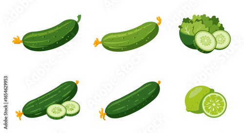 Fresh green vegetables collection with cucumber and lime on white background