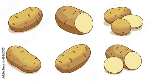 Cartoon potatoes collection with whole and sliced designs on white background