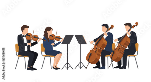 Classic string quartet performing with violins and cellos in flat design