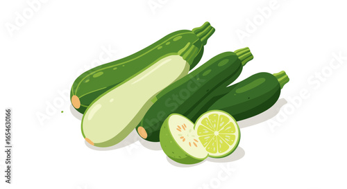 Fresh green zucchini and sliced lime: realistic summer vegetables on white background