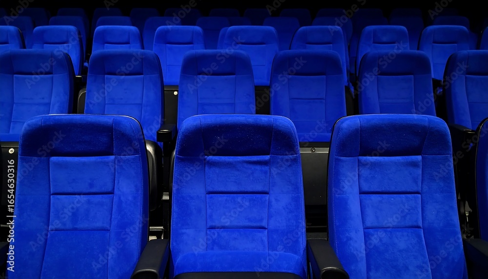 Naklejka premium Empty Blue Theater Seats Anticipation Entertainment with Cinematic Experience.