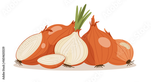 Fresh cut onions with green shoots on white background