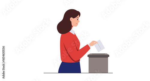 Woman casting vote in election with ballot box on white background