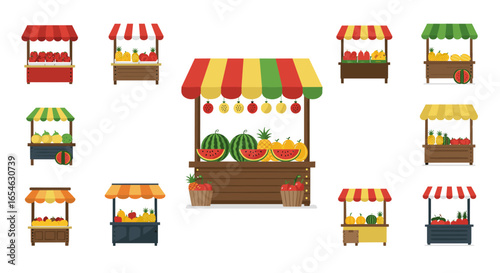 Colorful market stalls with various fresh fruits in flat design