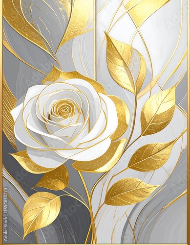 White rose with gold leaves, abstract art