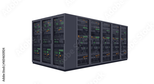 Modern data center server racks with digital interfaces in perspective view