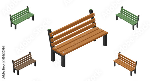 Isometric park benches collection in various colors on white background