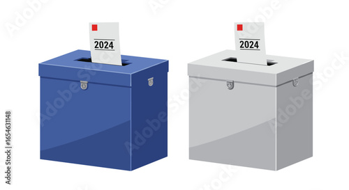 Colorful isometric ballot boxes with 2024 election papers