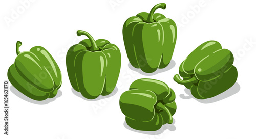 Fresh green bell pepper set on white background in isometric style