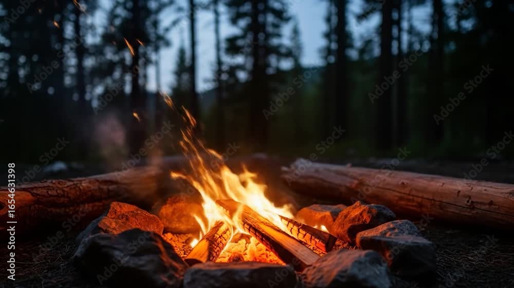 Warm Campfire Burning Brightly in a Dark Forest at Dusk Warm Campfire Burning Brightly in a Dark Forest at Dusk