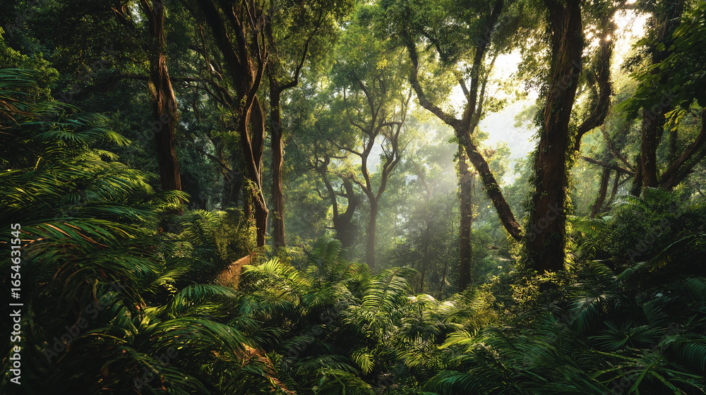 Obraz premium Lush Rainforest: Sunlight Through Canopy