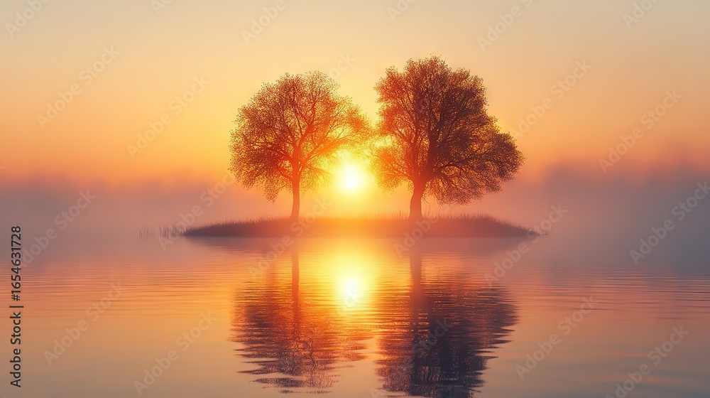 Fototapeta premium Surreal floating island landscape at golden sunset with mirror lake reflections, panoramic wide-angle view, delicate mist and glowing particles, perfect for wallpaper, poster, digital art, fantasy