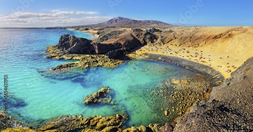 Sandy beach Playa del Papagayo with clear turquoise water, Punta Papagayo, Playa Blanca, Lanzarote, Canary Islands, Spain, Europe