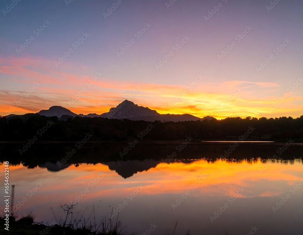 Obraz premium Sunset over tranquil lake with mountains