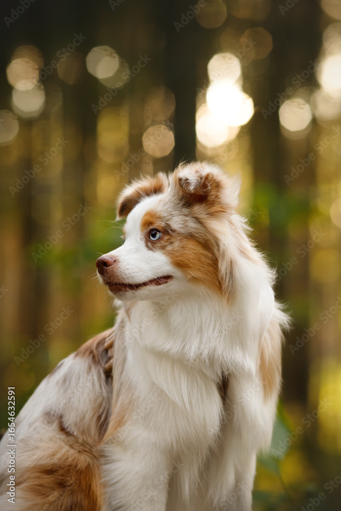 Fototapeta premium young cute happy Miniature American Shepherd dog with fluffy white and creme fur, green and blue eyes, brown nose portrait in the sunny pine forest at sunset time. blur background. vertical
