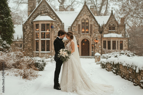 Bride and groom posing in snow outside stone house.