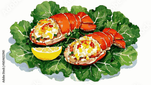 Cream Crackle Baked Lobster with Cream Cheese Filling isolated watercolor vector illustration svg