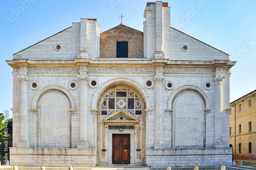 Obraz na plátne Rimini, Italy, Tempio Malatestiano designed by Leon Battista Alberti, Renaissance church facade with marble columns and portal