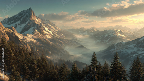 Beautiful mountain range landscape scenic view of snowy peaks and pine trees in a misty valley morning