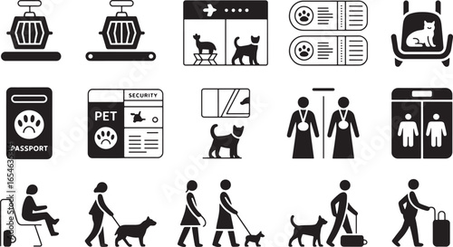 Pet Travel Icons Airport Security, Transport, and Passports for Animals