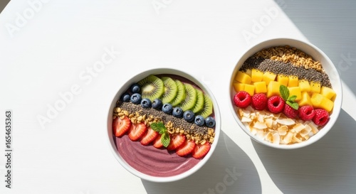 Colorful and Healthy Acai Bowls with Fresh Fruits, Granola, and Chia Seeds on a Bright Sunny Background for a Nutritional Snack Concept