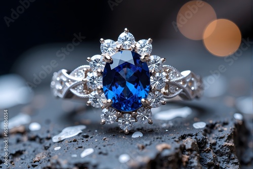 Blue sapphire ring on black stone.