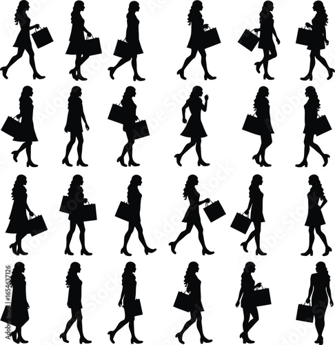 Women shopping silhouettes diverse poses bags