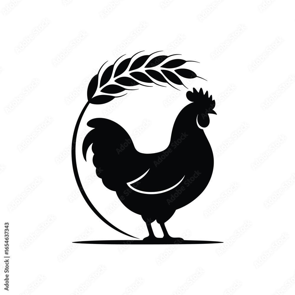Fototapeta premium Black Silhouette Rooster with Wheat Ear Logo Design Isolated on White Background