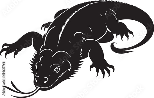Black silhouette of a Komodo dragon with forked tongue extended lizard reptile