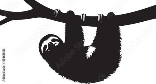 Black silhouette of a sloth hanging from a tree branch animal