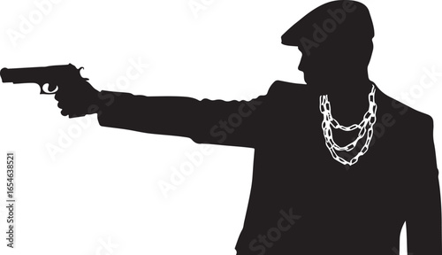 Silhouette of a man in a flat cap and suit holding a handgun and wearing a thick chain pistol