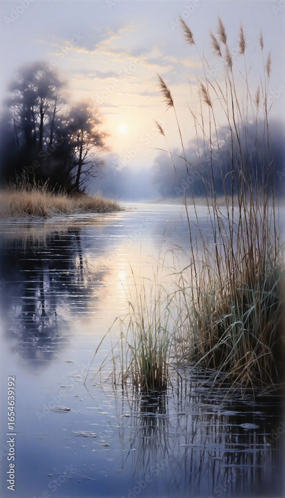 Fototapeta premium Dawn River Scene with Flowing Mist