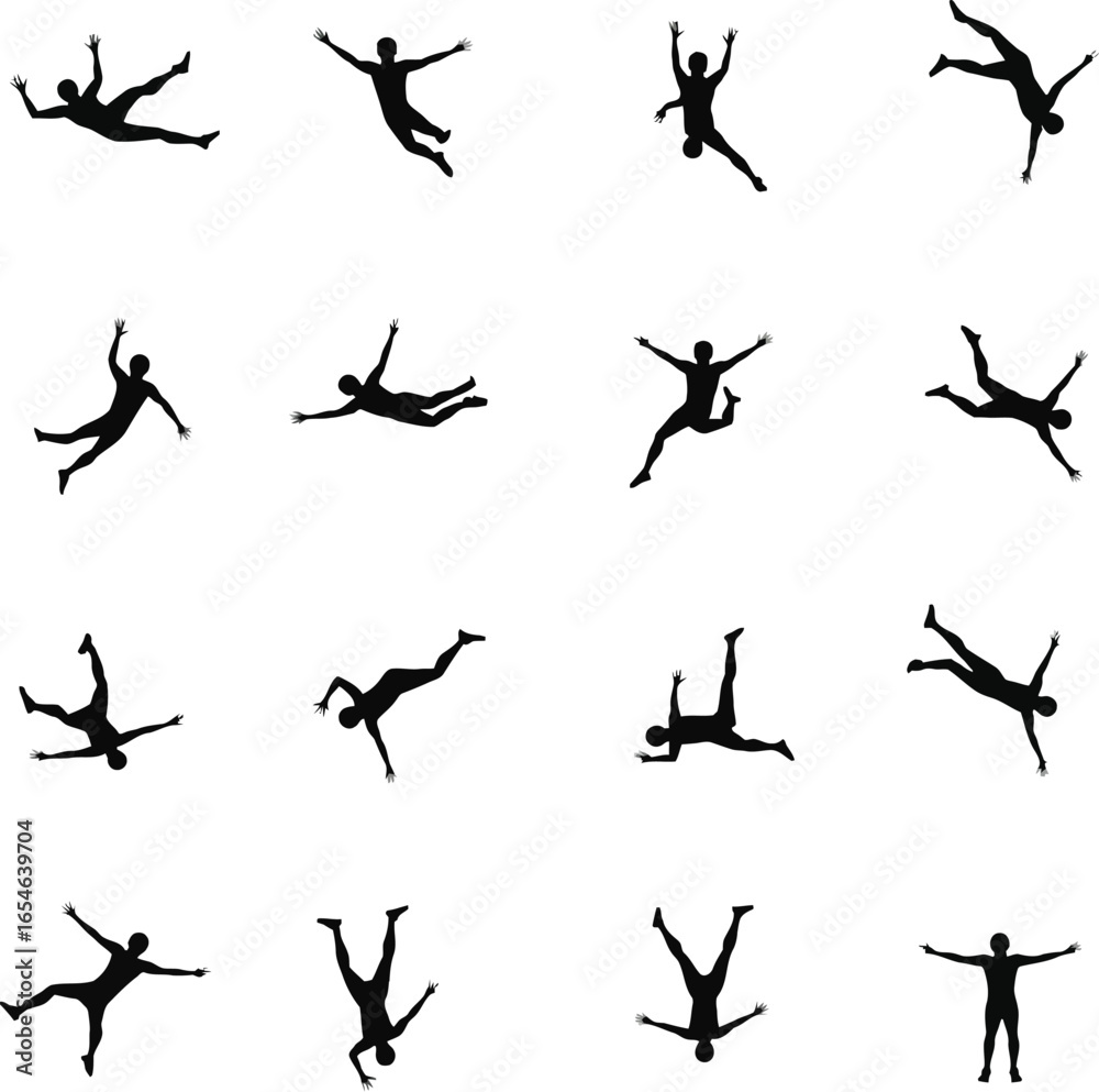 Fototapeta premium Multiple falling silhouettes diverse poses action