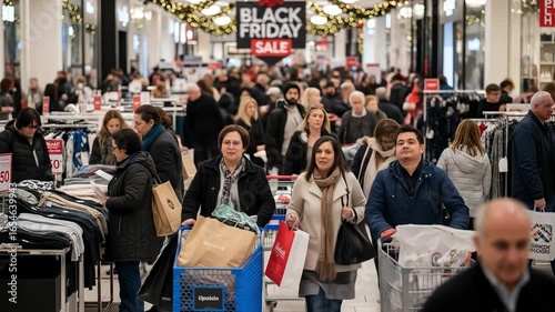 Black Friday Sale. A large crowd of shoppers fills a busy department store during a holiday retail event. Men and women browse clothing racks and push shopping carts.