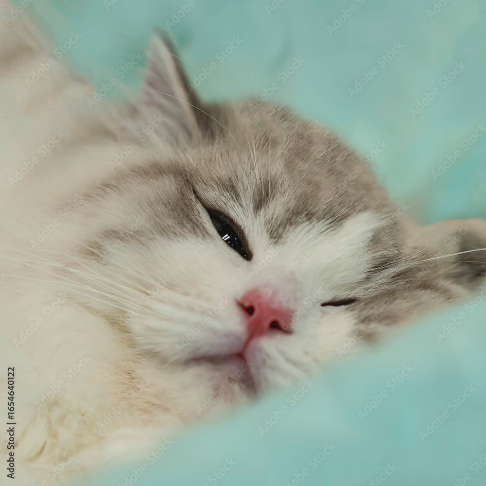 Fototapeta premium Sleeping cat close-up. Fluffy cat resting peacefully in warm cozy shelter, wrapped in care and safety. Concept of pet calmness, cat care and quiet waiting for adoption