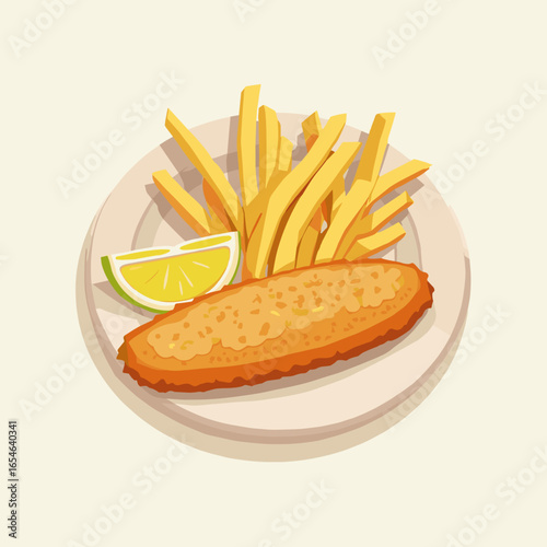 Fish and chips on a plate with lemon wedge and crispy fries  