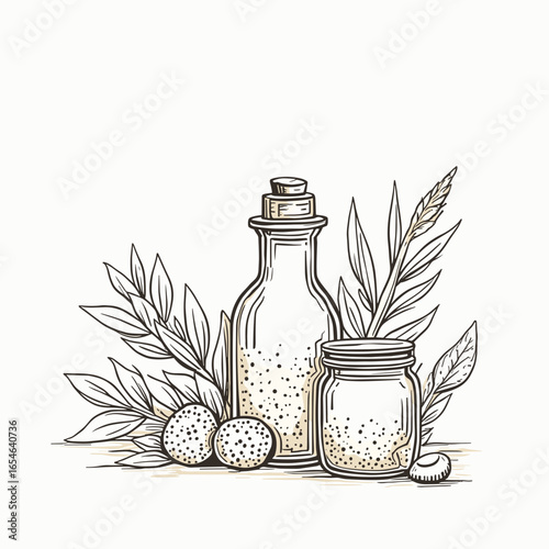 Jars with herbs and leaves in minimalistic black and white style  