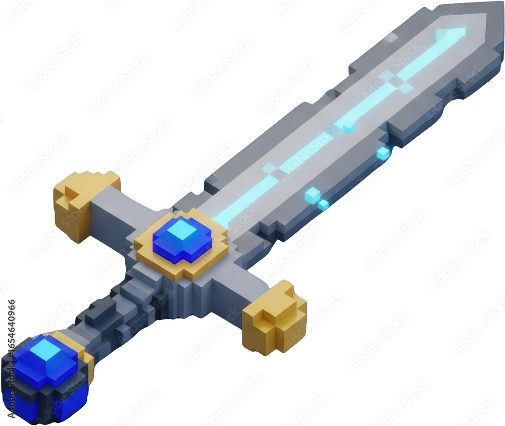 Obraz premium Pixelated fantasy sword with glowing blue blade golden guard and blue gem accents isolate voxel game