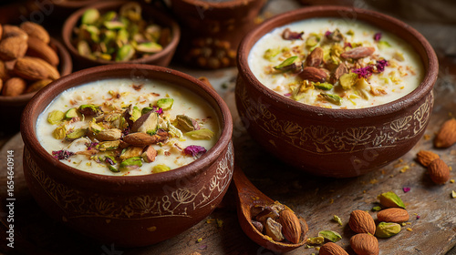 Delicious kheer recipe indian rice pudding dessert with nuts and pistachios traditional sweet dish food photography