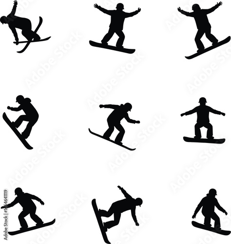 Nine snowboarder silhouettes action poses winter sports