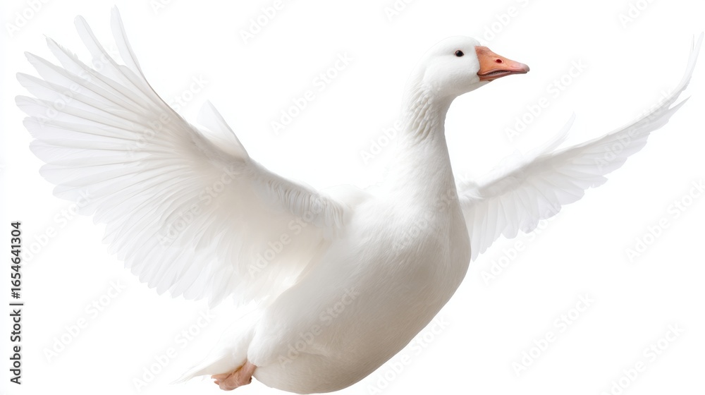 Fototapeta premium A beautiful white goose gracefully spreading its wings. This image captures the essence of freedom and nature. Perfect for wildlife enthusiasts and outdoor themes. AI.