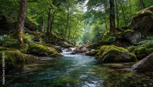 Lush forest stream flowing through mossy rocks