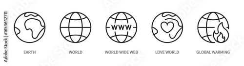 Globe line icon set. Earth, world, world wide web, www, planet, love world, global warming symbol. Vector illustration. Editable stroke. Flat design. Isolated on a white background.
