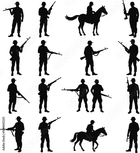 Military silhouettes soldiers weapons horse cavalry