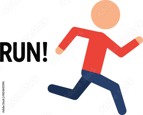 Flat graphic illustration of a stick figure running with the word RUN on a white background Keywords: running, runner, motion, speed, action, exercise, sport, fitness, healthy lifestyle