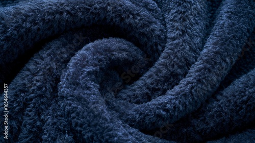 Close-up of dark blue plush fabric with spiral swirls, a background texture.