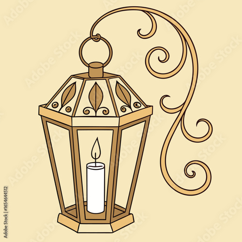 Ornate sconce lantern with candle showcases decorative ironwork and exudes charm against a soft background