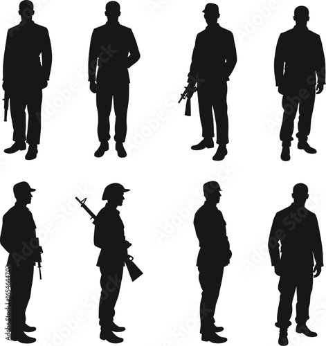 Eight military men silhouettes standing in formation
