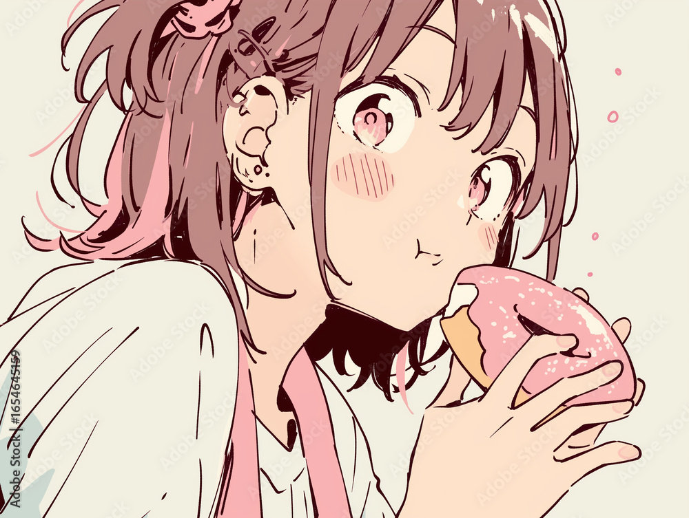 Fototapeta premium Cute Anime Girl Eating a Pink Donut